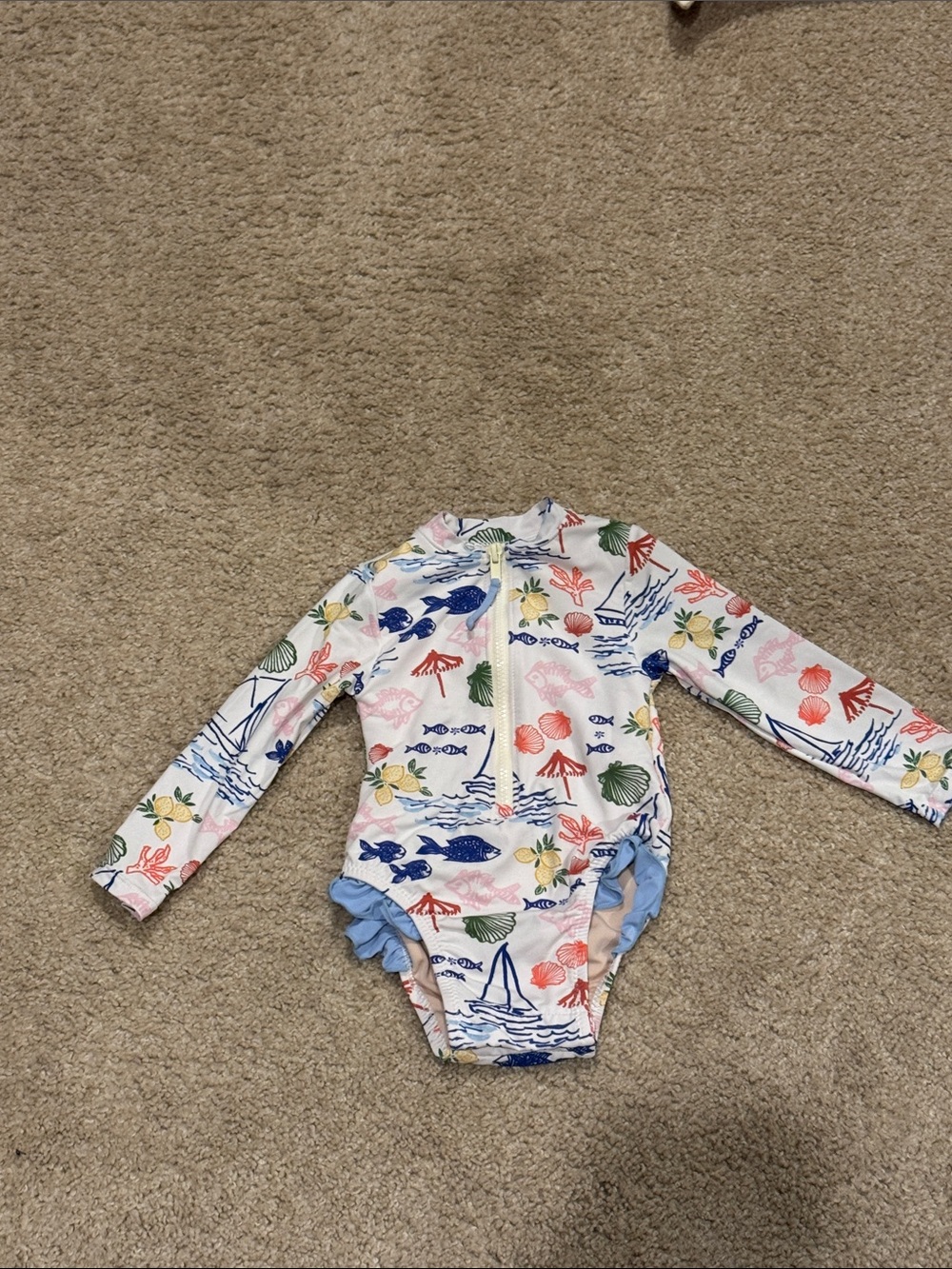 Pink Chicken Kids One-Piece Swimsuit in White with Multicolor Sea Print